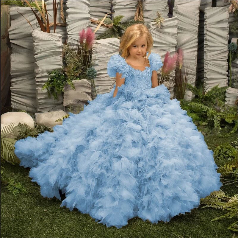 Girl Princess Dress Lace Puffy Flower Girl Dresses Sleeve Cute Girl Birthday Dress Wedding Party Dress Baby Dress