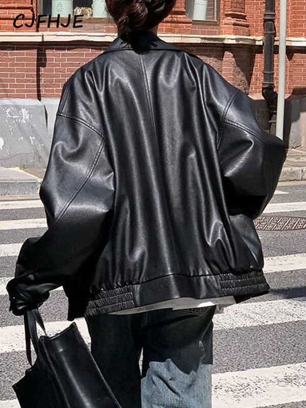 CJFHJE 여성용 블랙 가죽 재킷, 하이 스트리트, 오버사이즈 지퍼, 모토 가죽 재킷, 캐주얼 패션 트렌드, 루즈 PU 코트