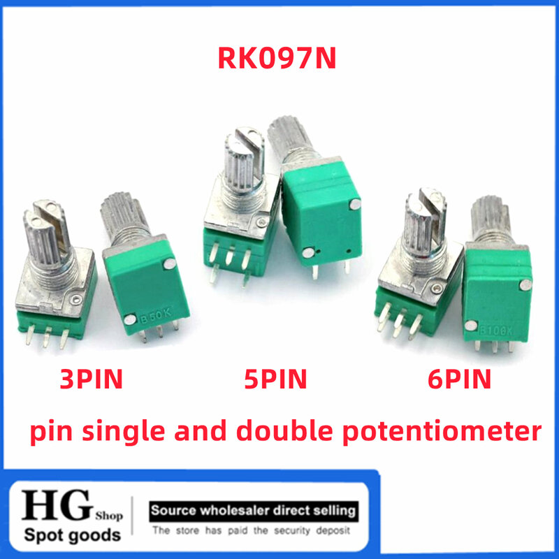 5 sztuk/partia RK097N 3PIN RK097NS 5pin RK097G 6-pinowy pojedynczy i podwójny potencjometr B1K 5K/10K/20K/50K/100K 500K długość 15MM