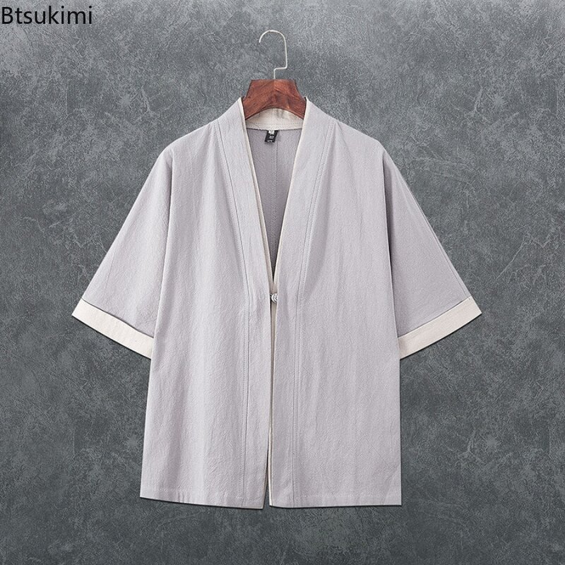 Chinese Stijl Linnen Kimono Vest Mode Losse Patchwork Casual Tops Trend Streetwear Nieuwe Heren Harajuku Shirt Hanfu