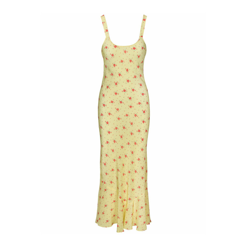Women Floral Print Spaghetti Strap Long Dress Elegant Bodycon Tank Dress Sleeveless Maxi Dress Summer Streetwear