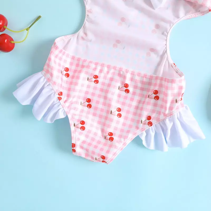 ملابس سباحة من قطعة واحدة للفتيات الصغيرات ، ملخصات بالزهري للصيف ، طباعة كرز وردي