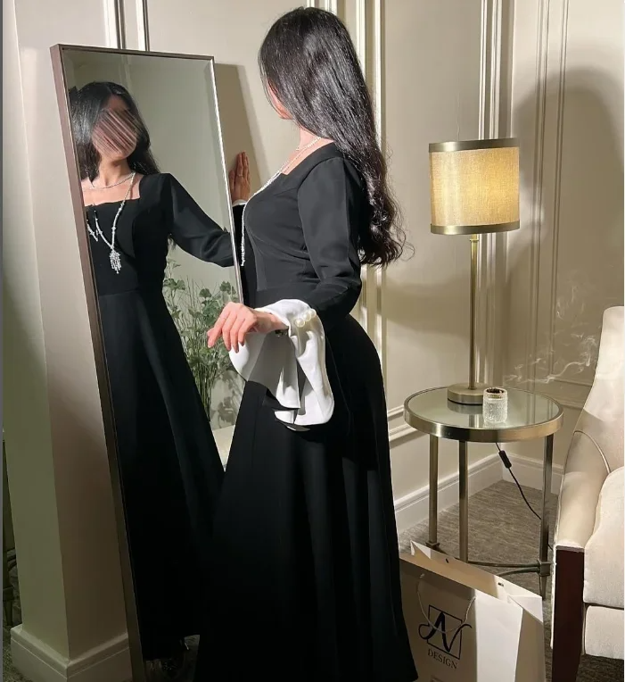 Abito da ballo elegante con scollo a v saudita abiti da sera neri abiti da festa di nozze per occasioni formali in raso di lunghezza del pavimento della sirena