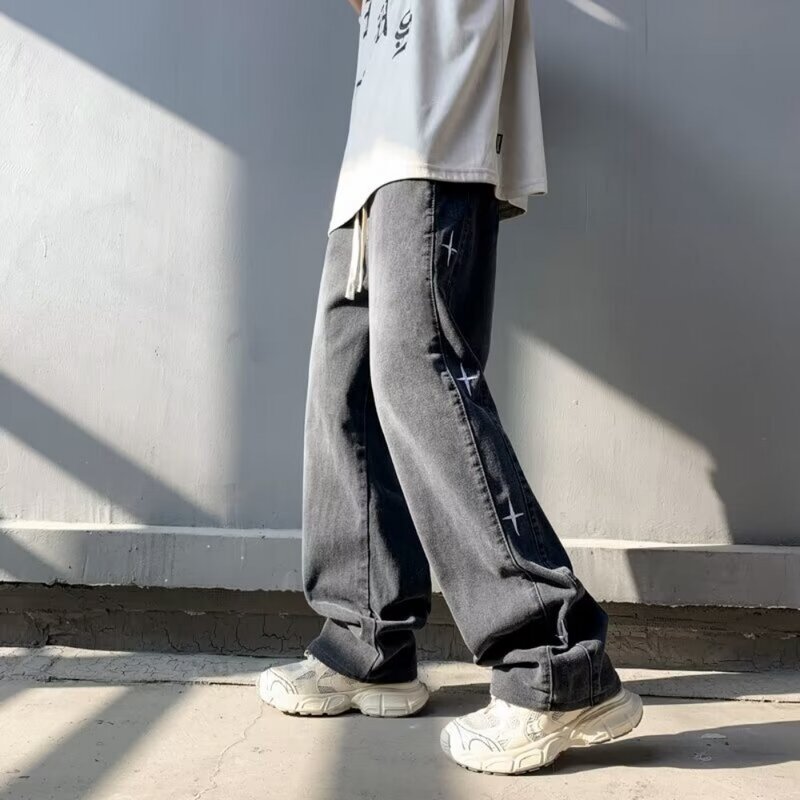 Celana jins gaya Jepang pria, bawahan Denim kaki lebar warna lurus elastis cuci air klasik untuk lelaki