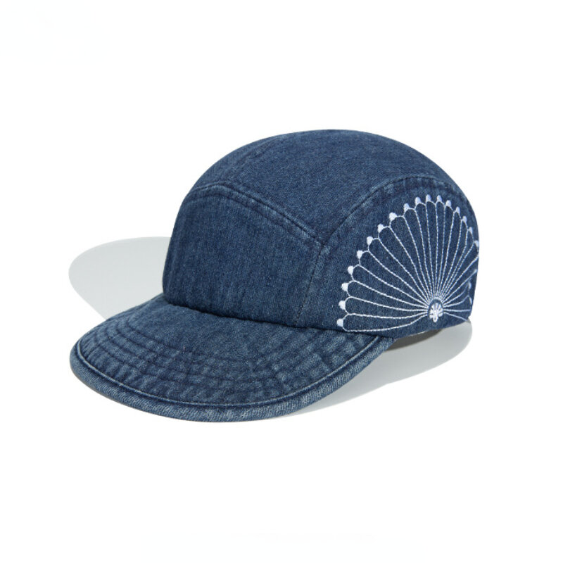 하이 퀄리티 데님 야구 모자, 국화 자수 소프트 탑, 짧은 챙 캡, 블루 염색, 남녀공용