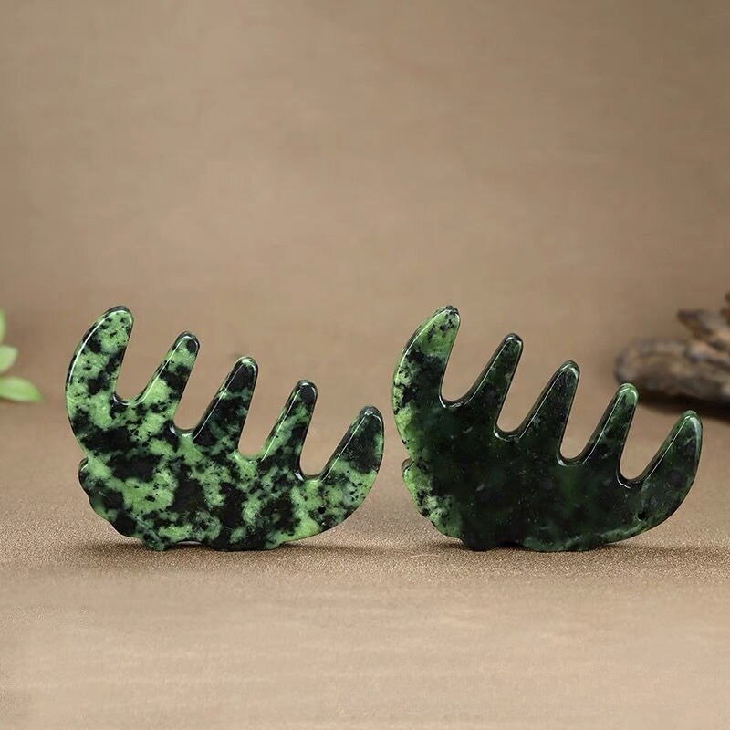 Natural Serpentine Jade Comb, Tibetan Jade Medicine King Stone Part Massage, Five-tooth Thickening Health Care Jade Comb