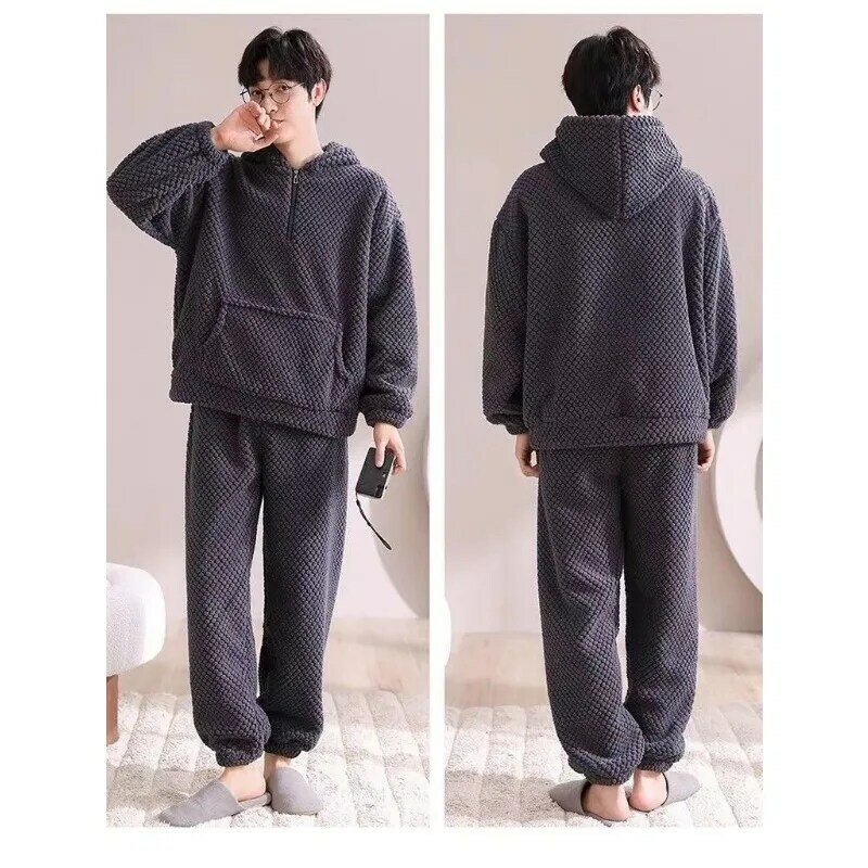 Conjunto pijama de flanela grossa masculino, cardigã coreano manga longa, roupas de casa de veludo coral, pijamas grandes, outono inverno