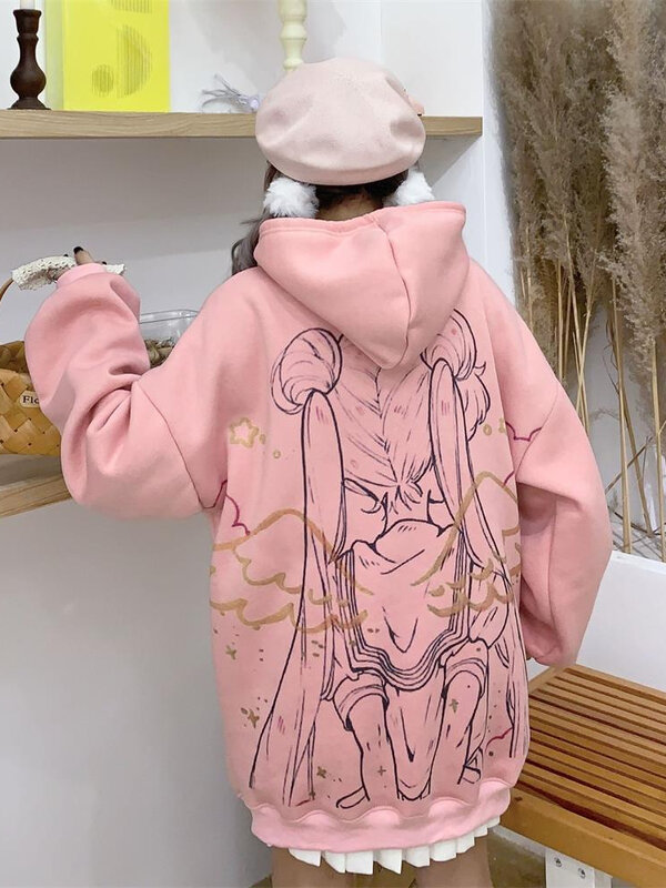 Deeptown-Sudadera con capucha para mujer, suéter holgado de gran tamaño con estampado de Anime Kawaii, estilo Harajuku japonés, Tops informales bonitos de dibujos animados, Invierno