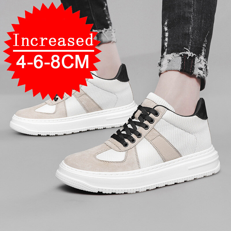 Spring New Men's Genuine Leather Invisible Inner Heightening Hollow Shoes Outdoor Sneakers Lightweight Walking Shoes Trainers
