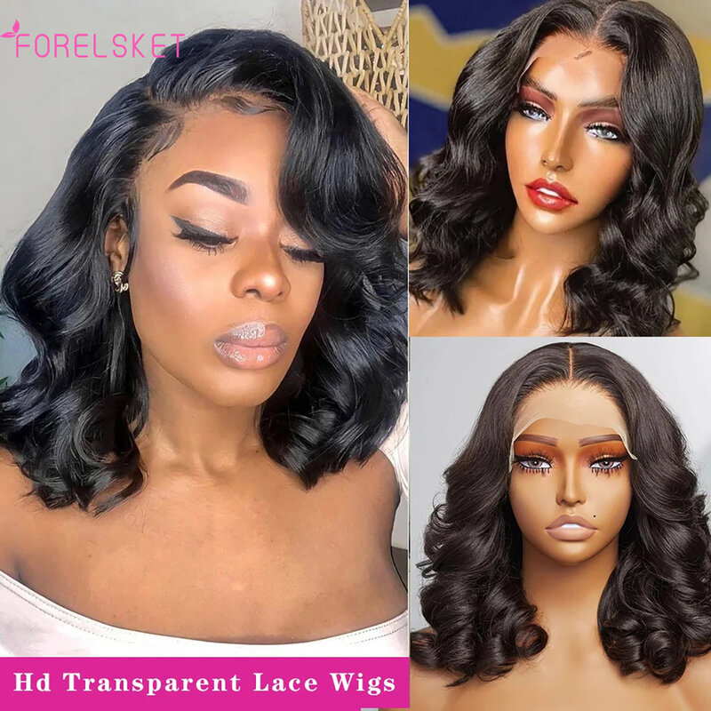 Body Wave 180% Density Pre-Plucked Side Part Short Bob 13*4 Lace Frontal Brazilian Virgin Human Hair Wigs For Black Woman