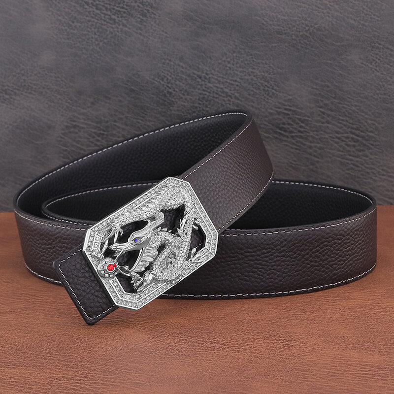 Cinturón de cuero genuino para hombre, hebilla lisa de dragón chino exquisito, a la moda, de diseñador de lujo, de alta calidad