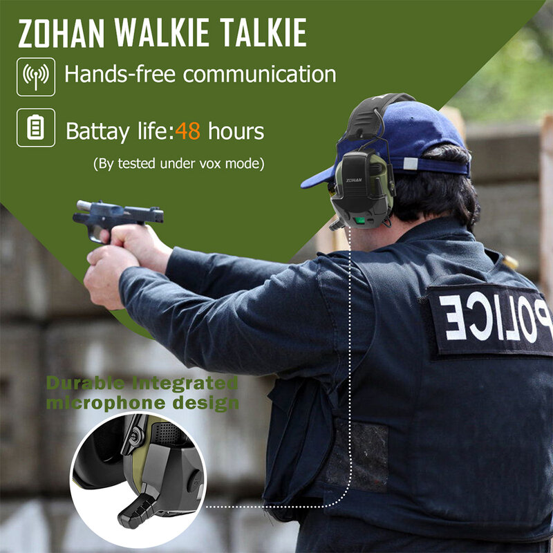 ZOHAN Walkie Talkie Tactical Shooting Earmuff Adapter With External Mic 3 Miles Range 22 Channels For Hunting Shooting Range