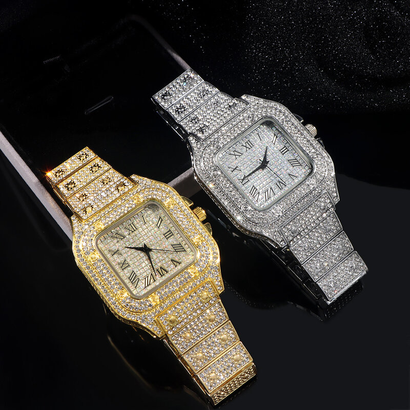Moda completa iced para fora relógios para homens mulher praça de aço inoxidável luxo strass quartzo relógio quadrado hip hop festa presente