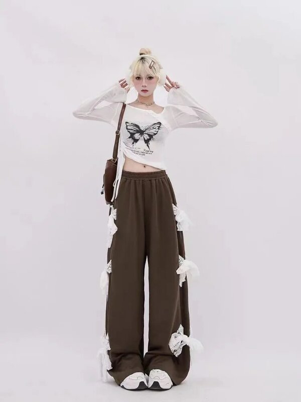 HOUZHOU Y2k Kawaii manis pinggang tinggi celana kaki lebar Mode gaya Korea Streetwear busur perban longgar celana Sweatpant lembut Gril 2024