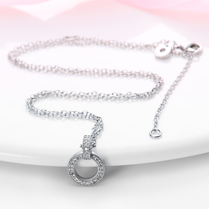 Kalung perak Sterling 925 asli untuk wanita, liontin bulat berkilau Pave CZ kalung mode ulang tahun perhiasan hadiah