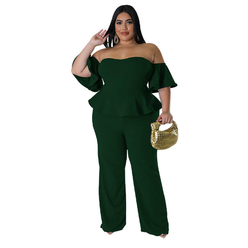 Plus Size Women Jumpsuits Sexy Strapless Short Sleeve Wide Leg Stretch Jumpsuit Large Size Fashion Casual Solid Color Jumpsuits