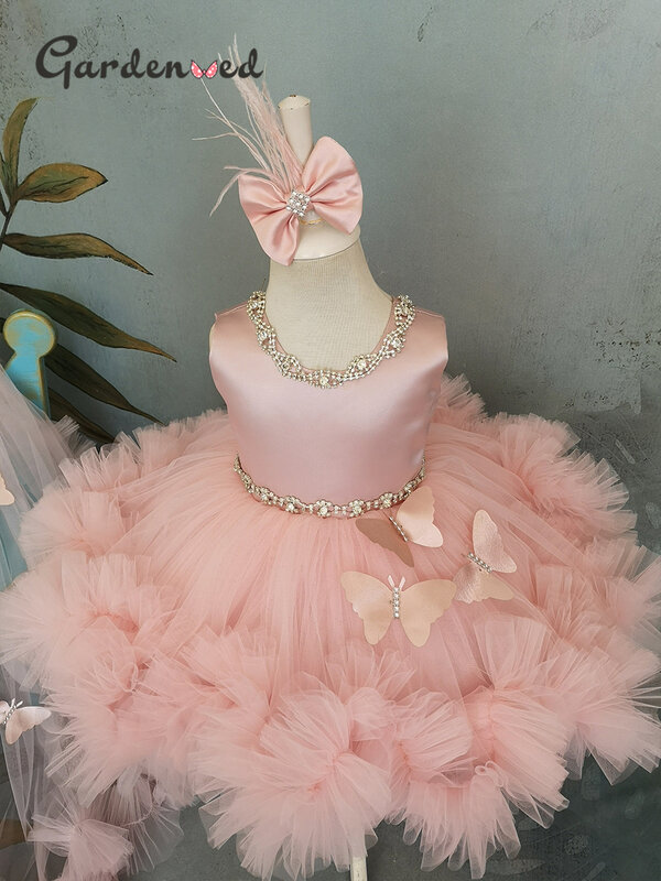 Puffy Girl Dress Pink Baby Dress with Train Flower Girl Dress Bow Cute Kid's Child Birthday Dresses Frist Communion