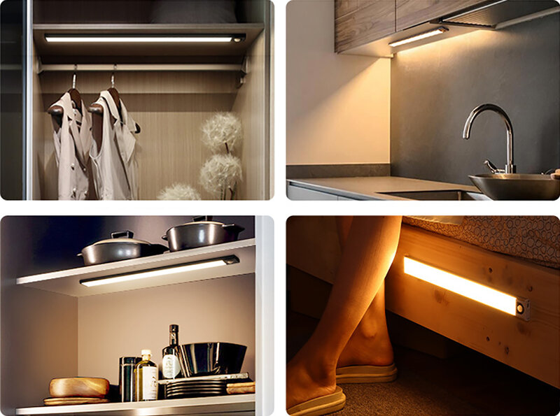 Luz Nocturna Led con Sensor de movimiento para debajo del armario, lámpara de iluminación de cocina recargable por USB