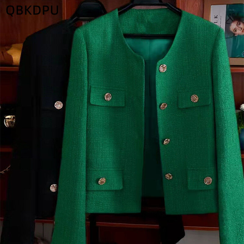 Korean Green Cropped Tweed Jackets Spring Women Vintage Classic Slim Coats Single Breasted Elegant Outwear Oversize 3xl Chaqueta