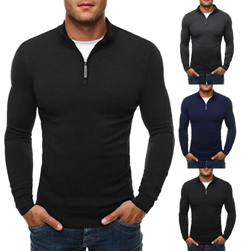 Шикарный мужской однотонный трикотажный свитер на молнии с воротником-стойкой и длинными рукавами, блузка