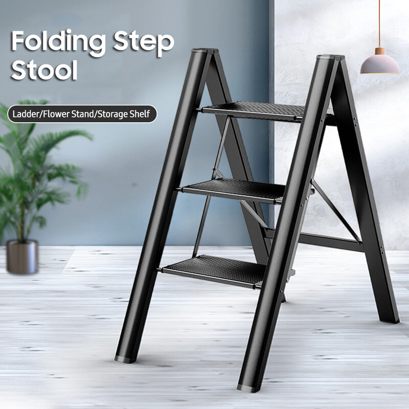 Liga de alumínio Multifuncional Folding Stool, Anti-Slip Pedal Largo, 3-Step Escada, prateleira de armazenamento, Flower Pot Stand, 330lbs