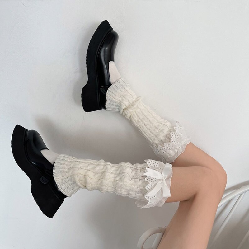 Warm Kawaii Knitted JK Lace Solid Color Winter Women Leg Warmers Boots Cover Lolita Leg Sleeves Bow Foot Cover