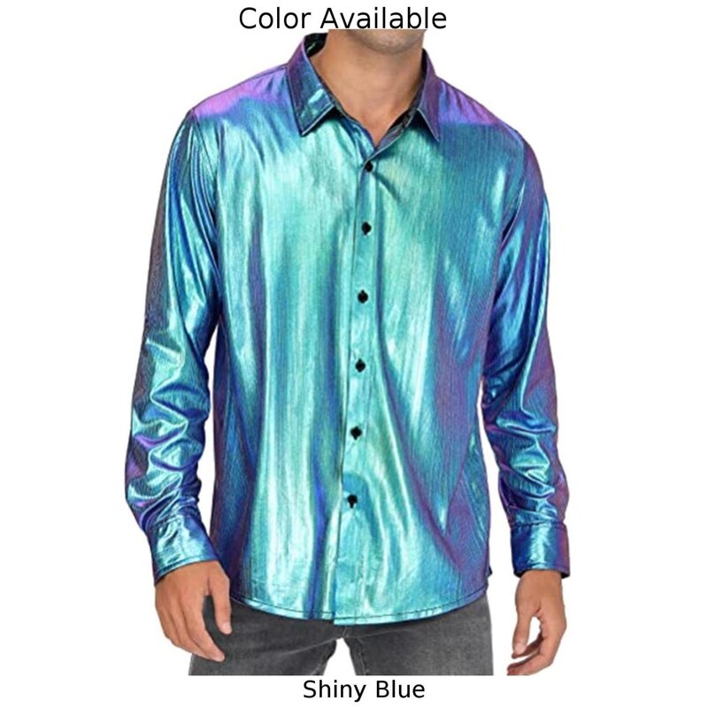 Baju Laser mengkilap pria, pakaian atasan kaus kasual longgar satu baris lengan panjang warna polos polos untuk lelaki