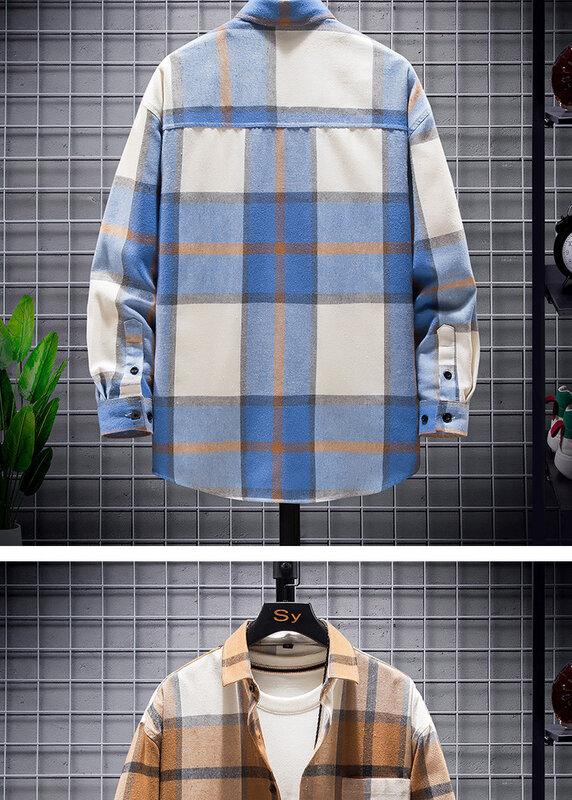 Camisa xadrez solta de manga comprida masculina, bolso impresso, moda casual, pendulares, primavera e outono, lapela impressa, elegante