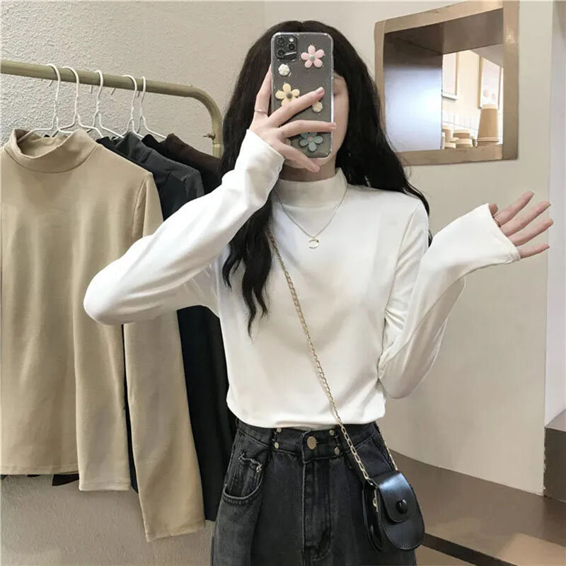 Fall Fashion Mock Neck Sweaters Women Harajuku Basic Solid Chic Warm Slim Knitted Pullover Korean Simple Bottoming Jumpers