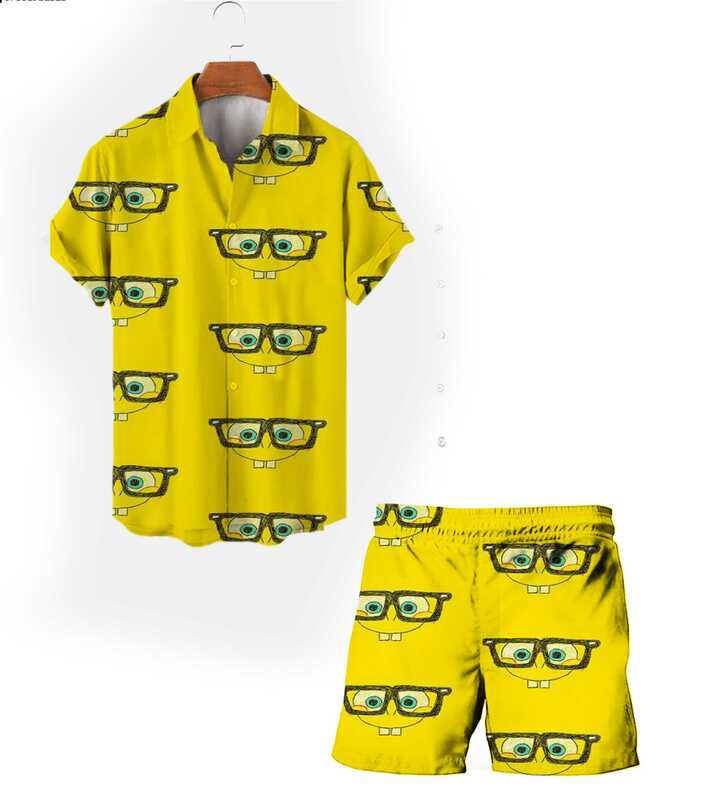 Estate nuovo stile Spongebob anime street Harajuku style risvolto da uomo a maniche corte top pantaloncini da spiaggia moda abiti casual 2024