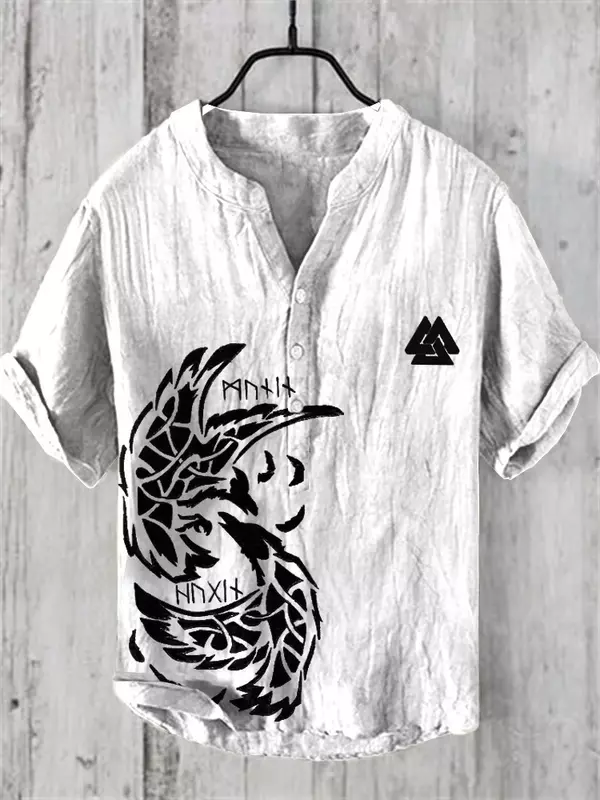 3Dプリントバンブーリネンシャツ,半袖,ボタン付きプルオーバー,カジュアル,ルーズ,ニューコレクション2024