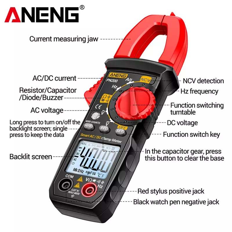 ANENG-Medidor de pinza Digital PN200, pinza amperimétrica multímetro de corriente multímetros DC/AC 600A, multimetro 4000 recuentos, amperímetro, probador de voltaje de coche Hz,profesion prueba de capacitancia NCV Ohm