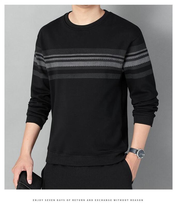 Kaus bertudung lengan panjang untuk pria, kaos bisnis bertudung lengan panjang leher bulat ukuran besar, T-Shirt Pullover warna polos garis-garis modis musim dingin untuk pria 2023