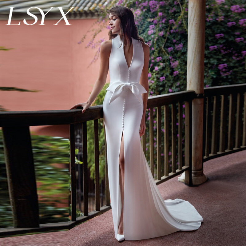 LSYX-Vestido de Noiva Sereia Sem Mangas, Vestido De Noiva Com Decote Em V Profundo, Vestido De Fenda Alta, Botão Arco Traseiro, Até O Pavimento, Custom Made, Ilusão