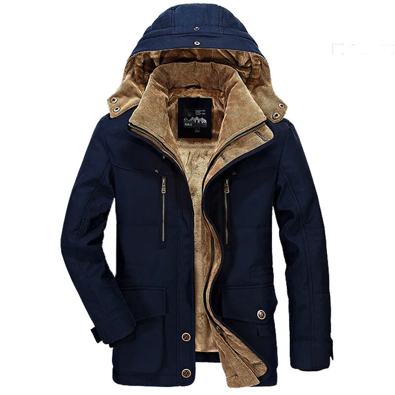 Men's Winter Jacket Parka Plus Velvet Thick Multi Pocket Jackets Solid Parkas Male Size Windproof Fleece Warm Coats