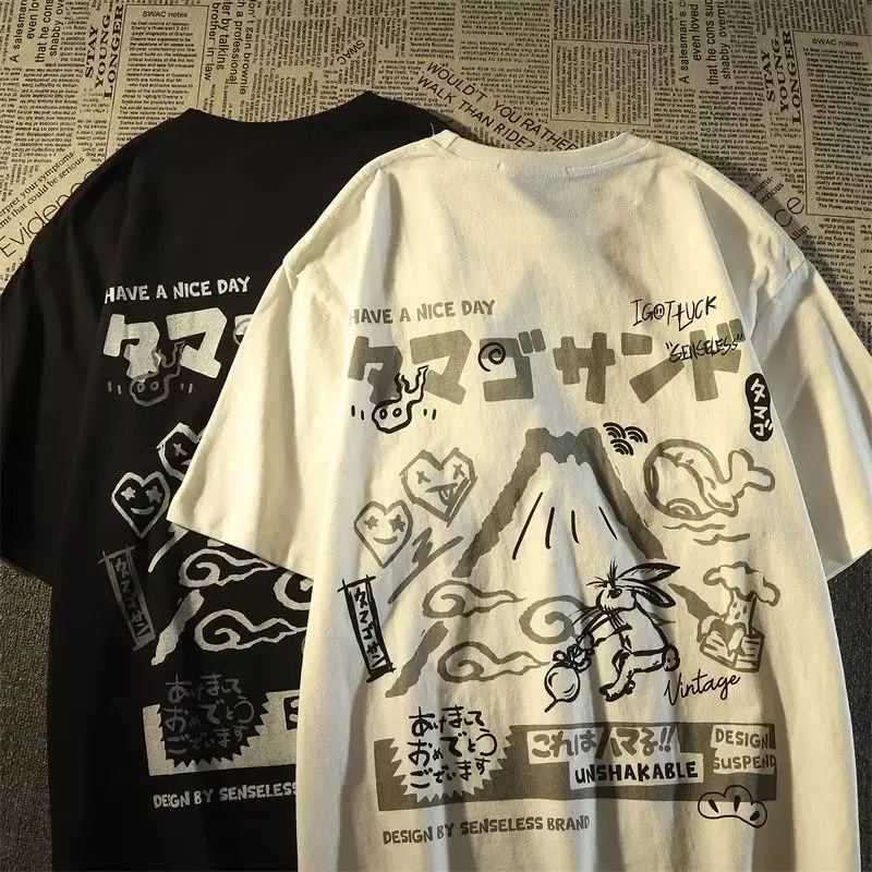 Camiseta holgada de algodón con estampado de grafiti de dibujos animados japoneses, camiseta de manga corta harajuku y2k, ropa gótica de gran tamaño para mujer