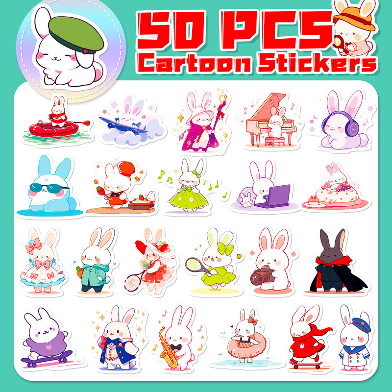 Pegatinas de dibujos animados de la serie Mr. Rabbit, adhesivos de grafiti adecuados para cascos de ordenador portátil, decoración de escritorio, Juguetes DIY, 50 piezas