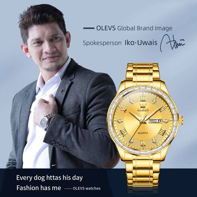 นาฬิกาผู้ชายคุณภาพสูง OLEVS นาฬิกาควอตซ์สายสแตนเลสทองเพชรแบบดั้งเดิมนาฬิกาผู้ชายปฏิทินสัปดาห์ที่หรูหรา