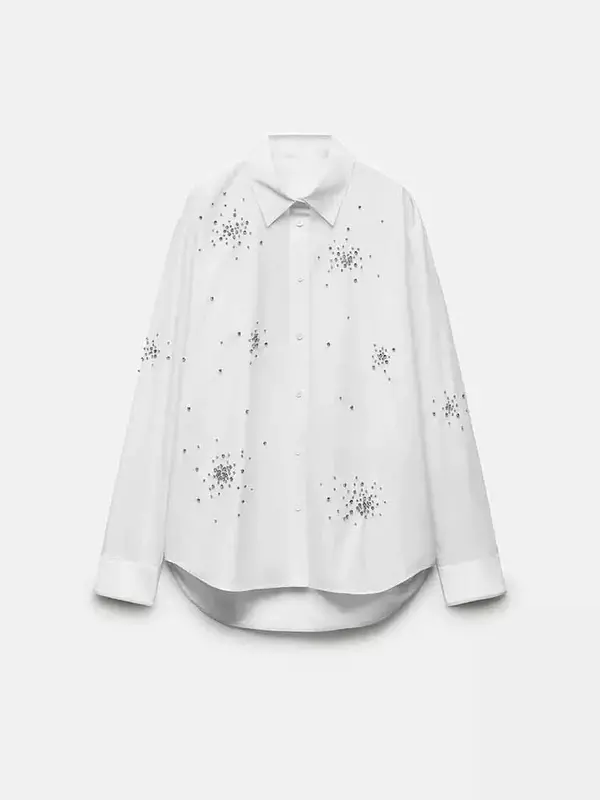 Women 2023 New Fashion Jewelry Inlay Embroidery Blouses Vintage Long Sleeve Button-up Female Shirts Blusas Chic Tops
