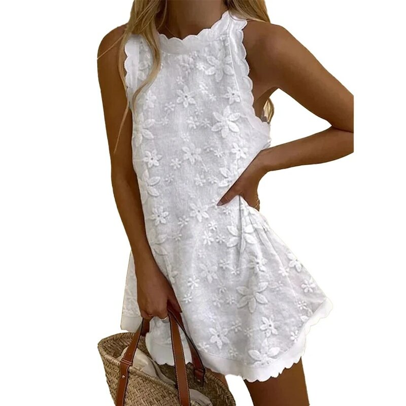 Stunning Summer Party Dress Casual Loose Sleeveless O Neck Lace Short Design Perfect for Beach Vacation and Daily Wear