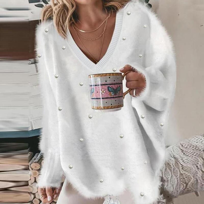 Women V-neck Sweater Cozy V-neck Plush Sweater with Bead Detailing for Women Warm Winter Pullover Knit Top in Solid Color Soft
