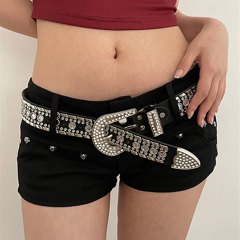 Fashion mewah Punk Y2K sabuk berlian imitasi wanita gesper logam Fashion ikat pinggang celana Jeans dekorasi sabuk gadis pedas