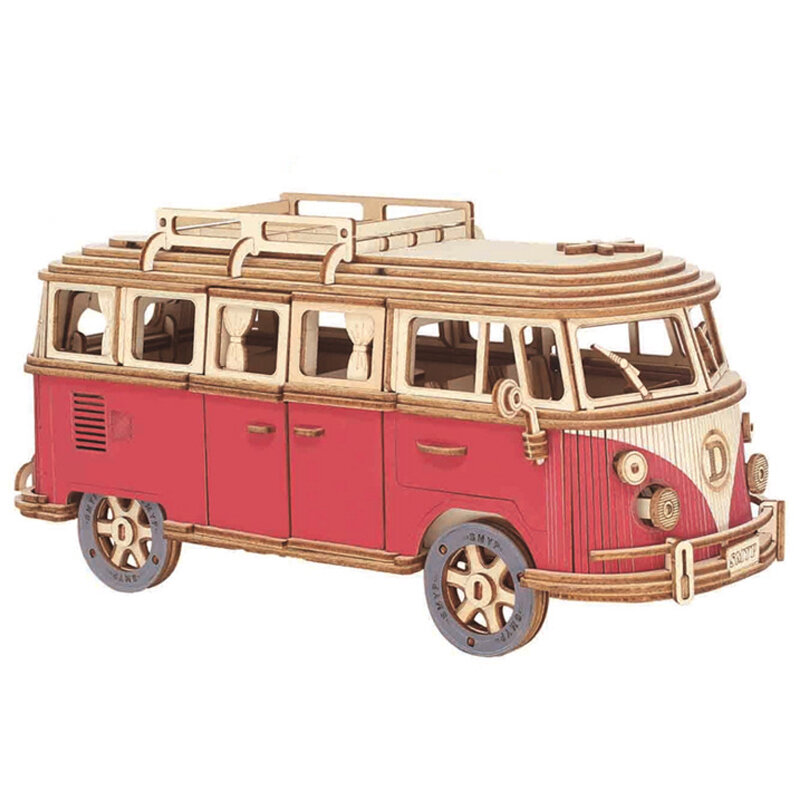DIY Manual Assembly Model Car Wooden Retro Bus 3D Puzzle Camper Van Educational Toys For Children Gift Home Room Decoration