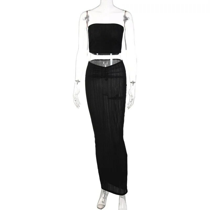 Jednolita, bez ramiączek krótki Top marszczona sukienka Maxi 2 sztuki Bodycon 2022 kobiet strój Streetwear Party Y2K sprzedawca