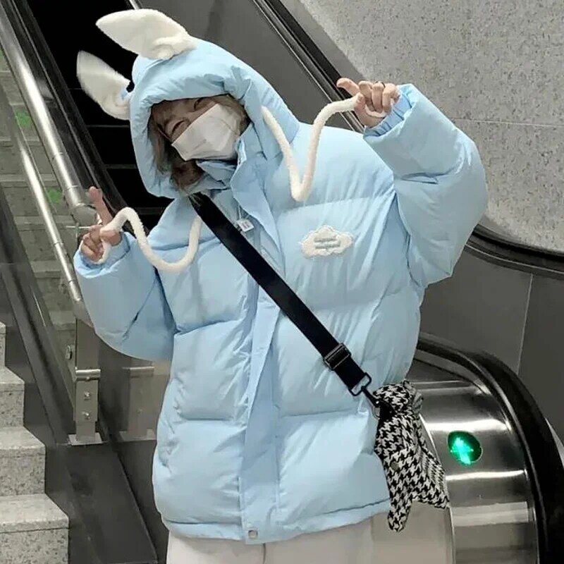 Куртка женская с капюшоном и подкладкой из хлопка, свободная теплая зимняя одежда с милыми кроличьими ушками для студенток