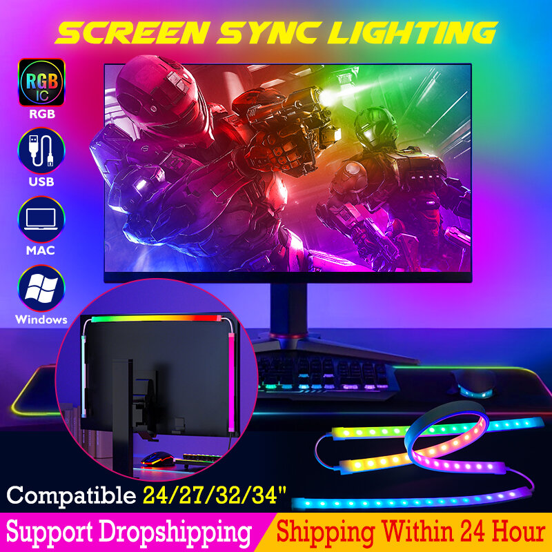 Lampu latar layar Monitor komputer, lampu Strip LED Sinkronisasi Waktu Nyata 24-34 inci suasana permainan
