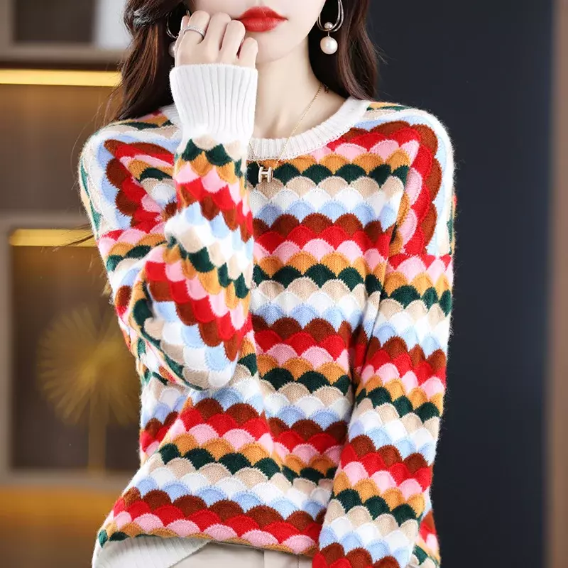 Jesienno-zimowa damska 100% sweter z wełny Merino tęczowa luźny sweter z okrągłym dekoltem moda na co dzień dzianinowy sweter z kaszmiru