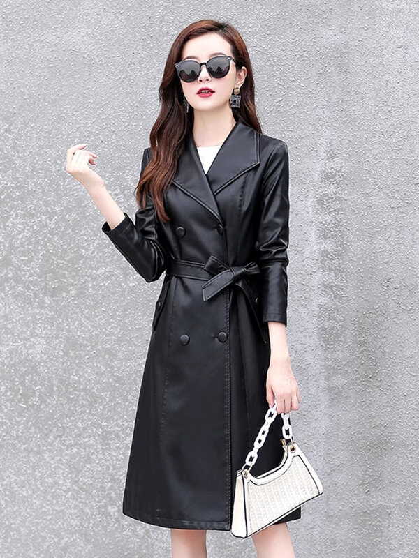 New Women Casual Long Leather Coat Spring Autumn Fashion Chic Turn-down Collar Double Breasted Slim Split Leather Trench Coat
