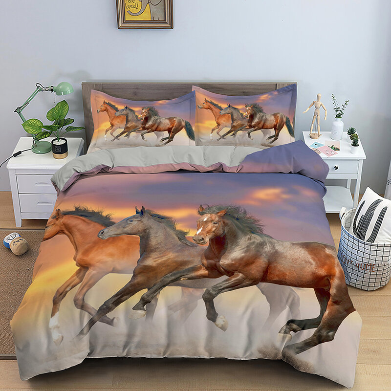 Cavalo 3d capa de edredão run horse print conjunto cama duplo quilt cover com fecho de correr tamanho rei consolador capa crianças presentes