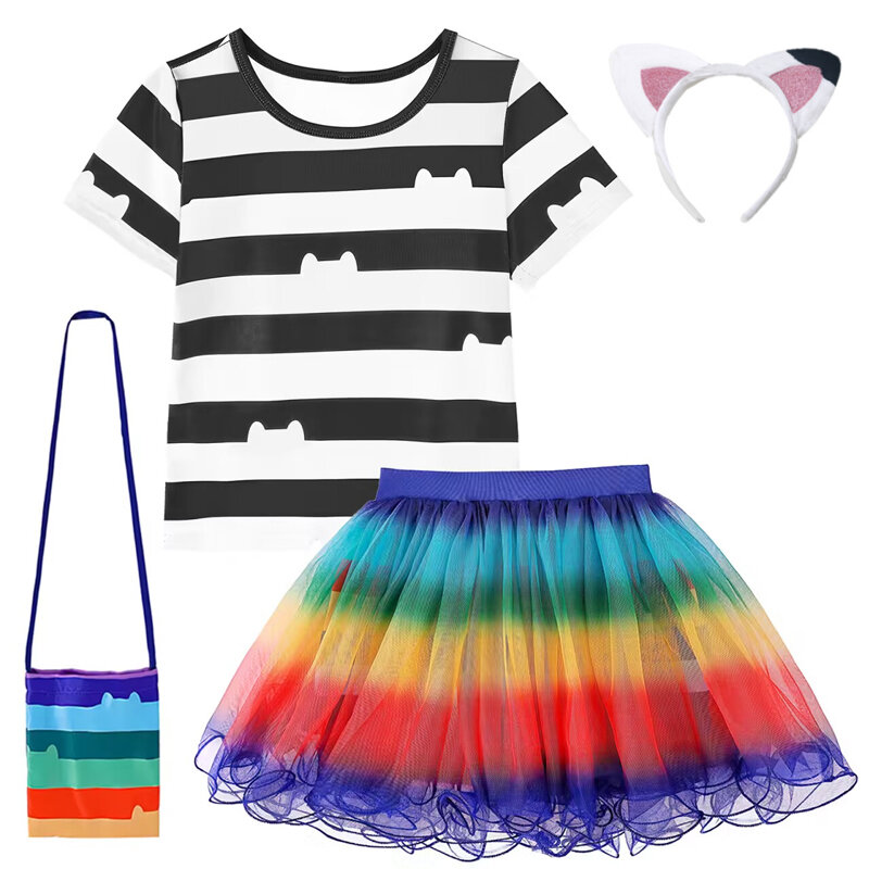 Gabby Dollhouse Cartoon Children Black And White Stripe T-Shirt+Skirt+Bag Sets Kids Carnival Gabby Cats Costume Party Outfits 8Y